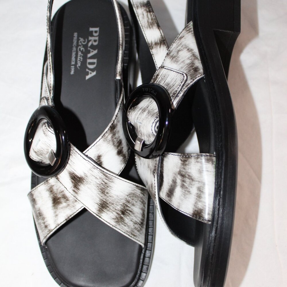 NWB PRADA Brushed Leather Slingback Buckle Black Print Sandals 39.5 - Picture 4 of 9